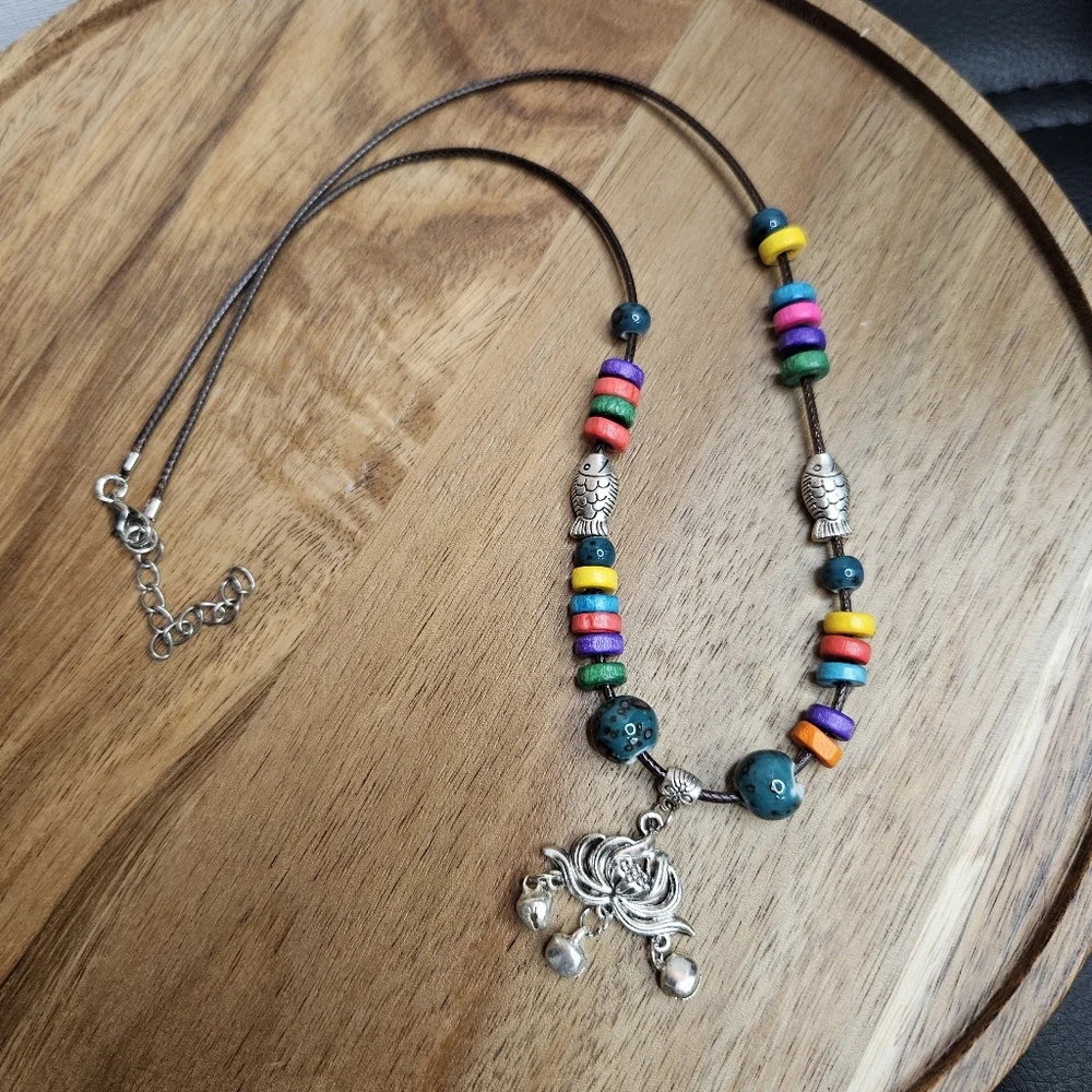 Women's Cord Necklace Ceramic Beads Metal Fish Colorful Long Necklace Lotus